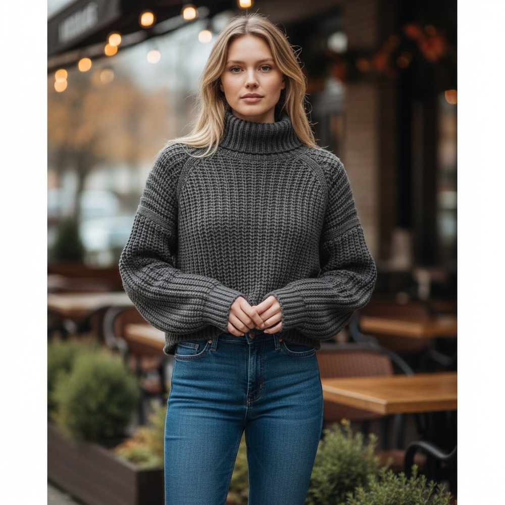 H&M Womens Small Charcoal Gray Chunky Ribbed Mock Neck Cropped Sweater 0873279 2